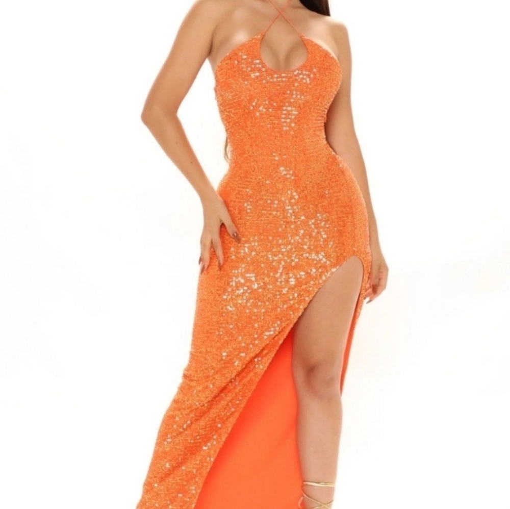 Out till dawn orange sequin maxi dress evening gown new small